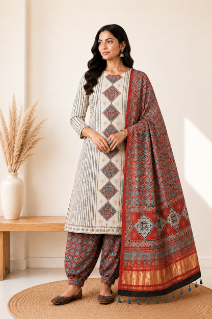 Ajrakh Modal Silk Natural Dye Hand Block Print Dress Material with Golden Border Dupatta - with Tassels - 2.5 Mt Top   -  SKU : AI02501P