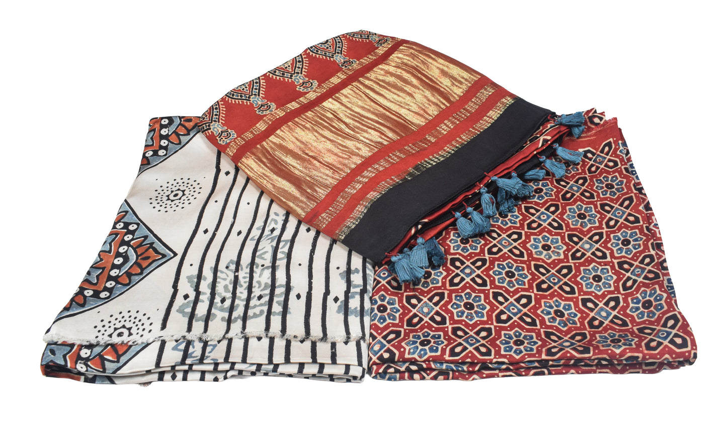 Ajrakh Modal Silk Natural Dye Hand Block Print Dress Material with Golden Border Dupatta - with Tassels - 2.5 Mt Top   -  SKU : AI02501P