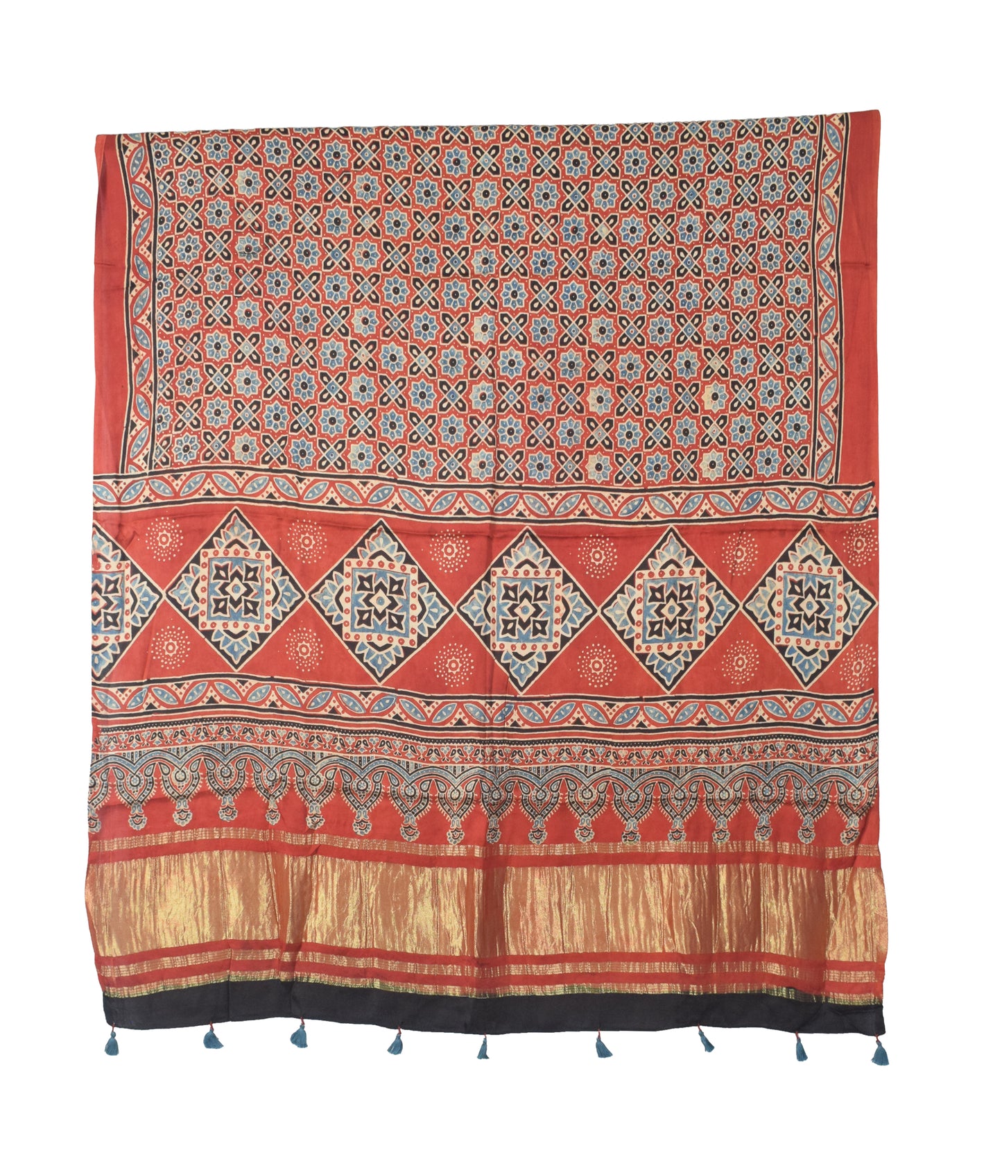 Ajrakh Modal Silk Natural Dye Hand Block Print Dress Material with Golden Border Dupatta - with Tassels - 2.5 Mt Top   -  SKU : AI02501P