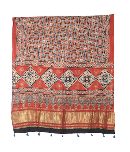 Ajrakh Modal Silk Natural Dye Hand Block Print Dress Material with Golden Border Dupatta - with Tassels - 2.5 Mt Top   -  SKU : AI02501P