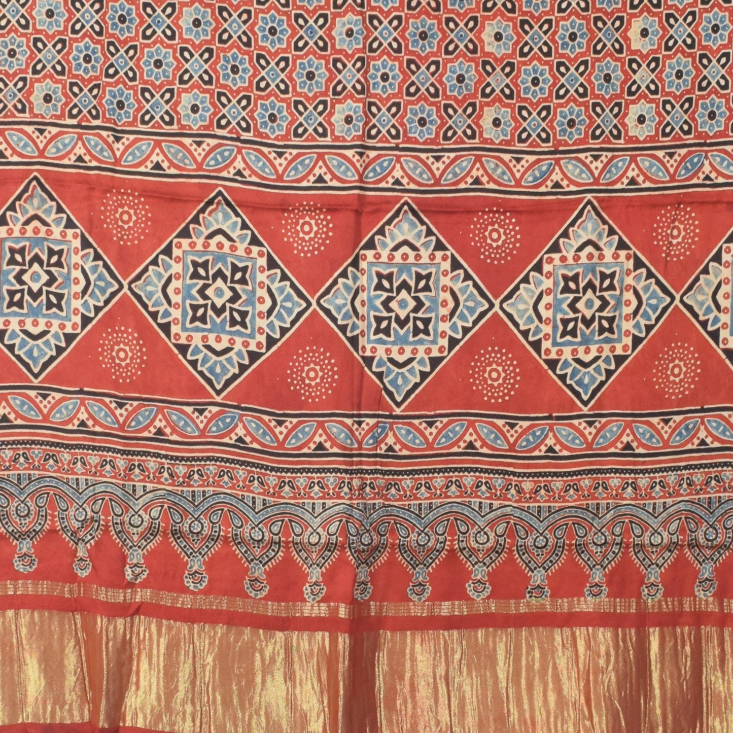Ajrakh Modal Silk Natural Dye Hand Block Print Dress Material with Golden Border Dupatta - with Tassels - 2.5 Mt Top   -  SKU : AI02501P