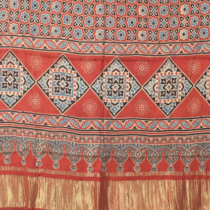 Ajrakh Modal Silk Natural Dye Hand Block Print Dress Material with Golden Border Dupatta - with Tassels - 2.5 Mt Top   -  SKU : AI02501P