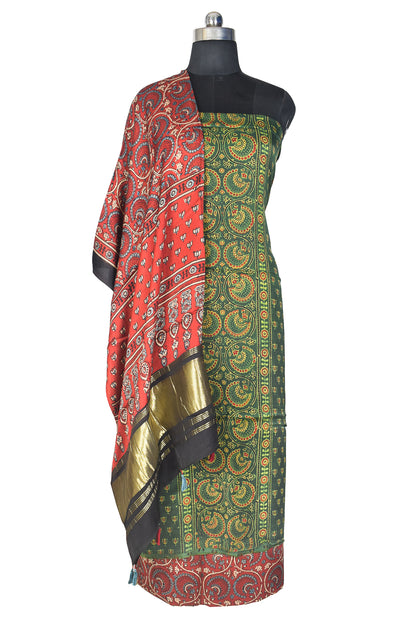 Ajrakh Modal Silk Natural Dye Hand Block Print Dress Material with Golden Border Dupatta - with Tassels - 2.5 Mt Top    -  SKU : AI21B02V