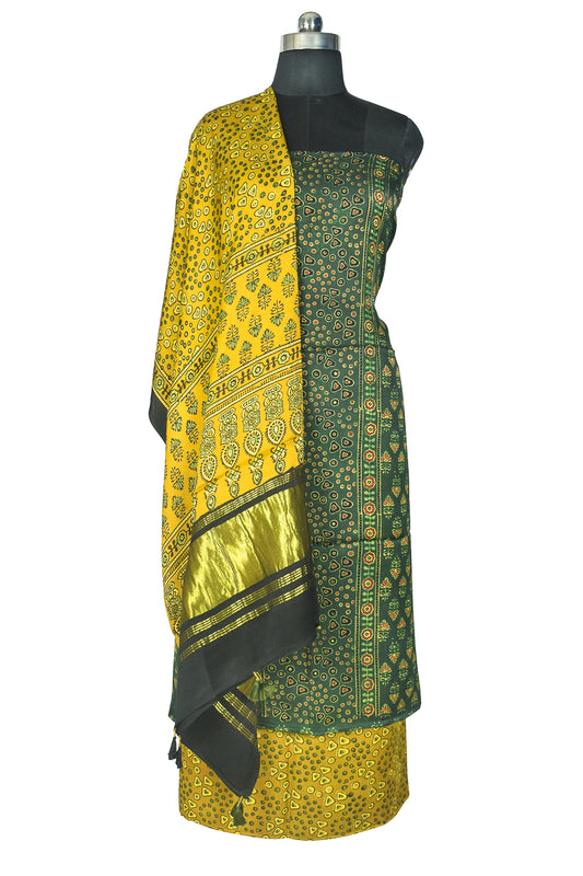 Ajrakh Modal Silk Natural Dye Hand Block Print Dress Material with Golden Border Dupatta - with Tassels - 2.5 Mt Top    -  SKU : AI21B02B