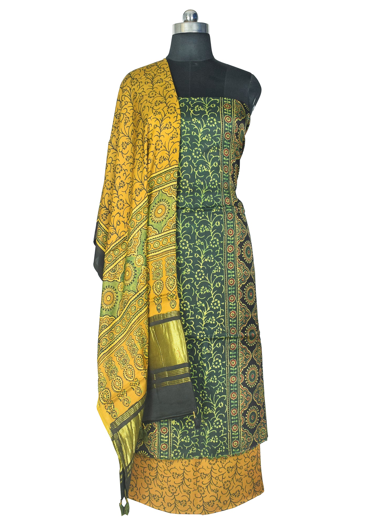 Ajrakh Modal Silk Natural Dye Hand Block Print Dress Material with Golden Border Dupatta - with Tassels - 2.5 Mt Top    -  SKU : AI21B02G