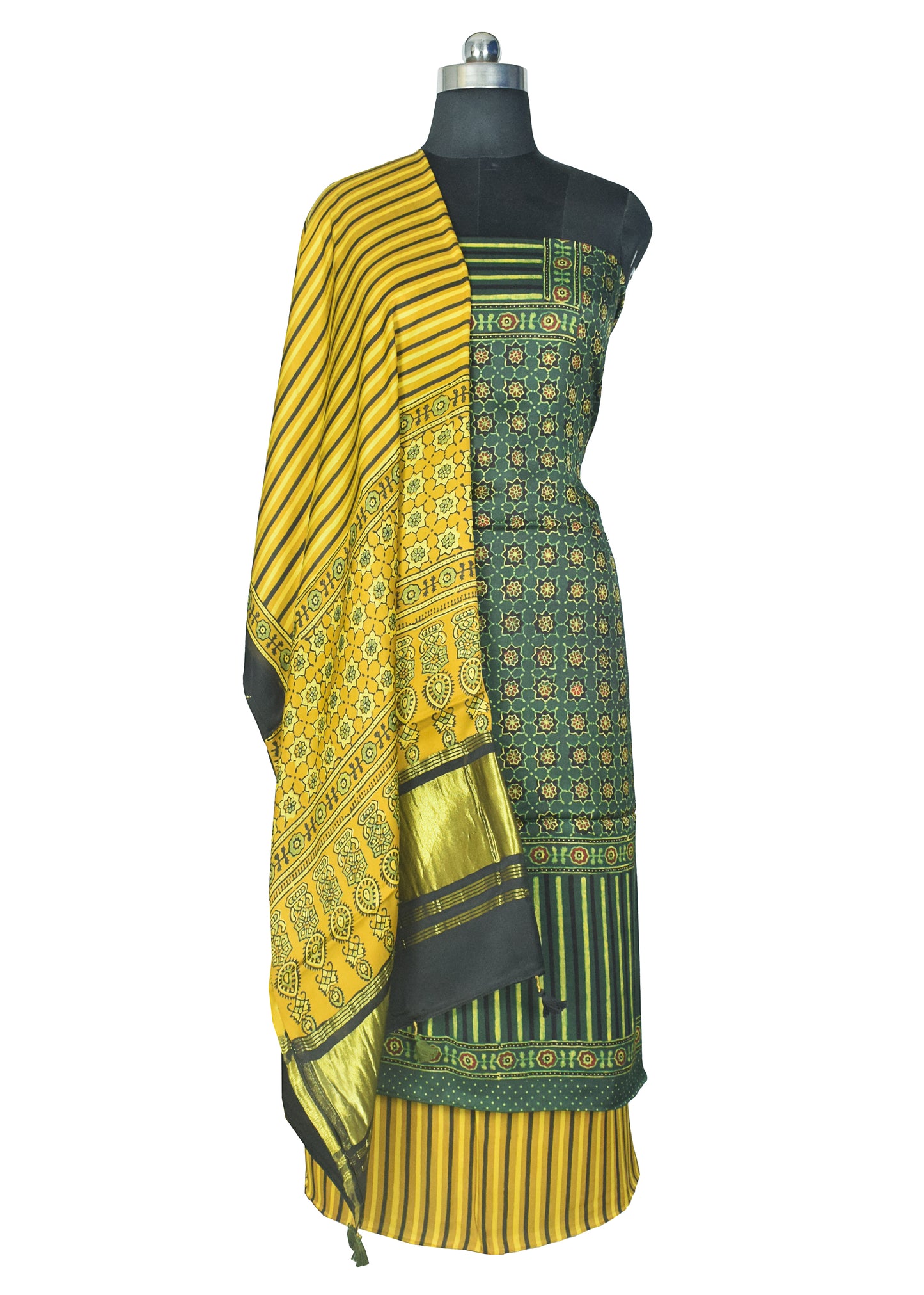 Ajrakh Modal Silk Natural Dye Hand Block Print Dress Material with Golden Border Dupatta - with Tassels - 2.5 Mt Top    -  SKU : AI21B02L