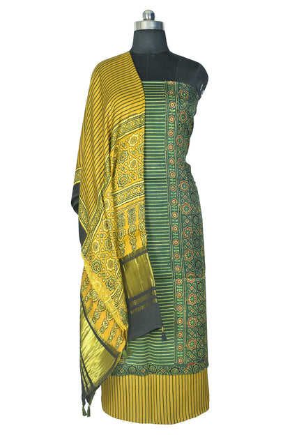 Ajrakh Modal Silk Natural Dye Hand Block Print Dress Material with Golden Border Dupatta - with Tassels - 2.5 Mt Top    -  SKU : AI21B02Q