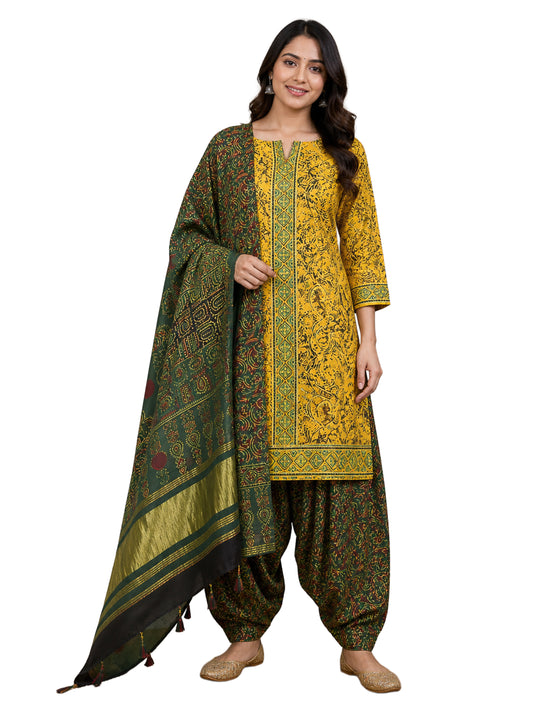 Ajrakh Modal Silk Natural Dye Hand Block Print Dress Material with Golden Border Dupatta - with Tassels - 2.5 Mt Top    -  SKU : AI27A03D