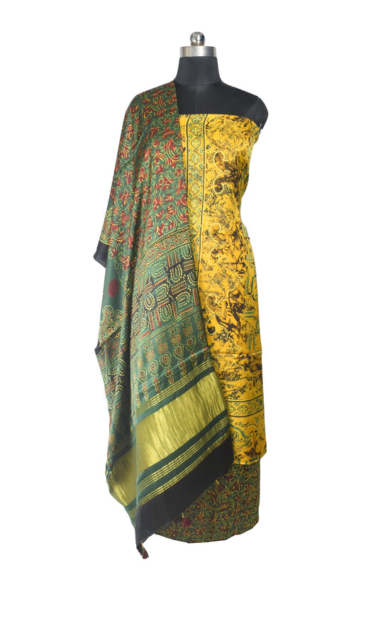Ajrakh Modal Silk Natural Dye Hand Block Print Dress Material with Golden Border Dupatta - with Tassels - 2.5 Mt Top    -  SKU : AI27A03D
