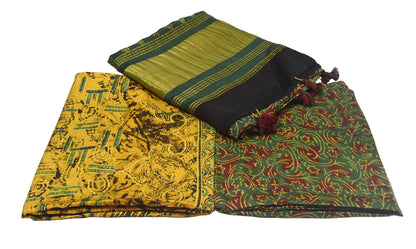 Ajrakh Modal Silk Natural Dye Hand Block Print Dress Material with Golden Border Dupatta - with Tassels - 2.5 Mt Top    -  SKU : AI27A03D