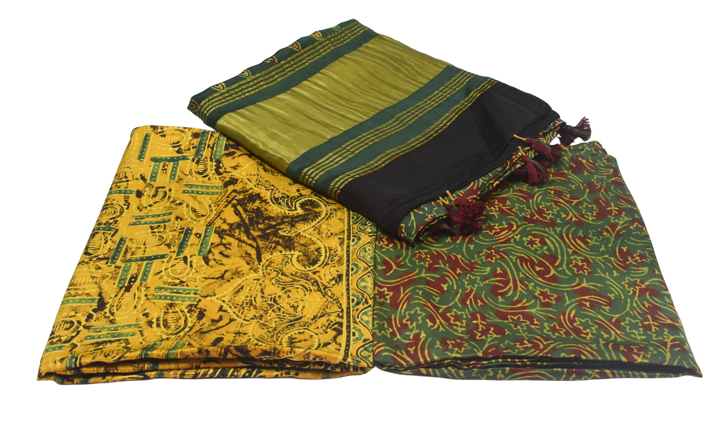 Ajrakh Modal Silk Natural Dye Hand Block Print Dress Material with Golden Border Dupatta - with Tassels - 2.5 Mt Top    -  SKU : AI27A03D