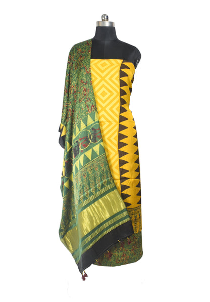 Ajrakh Modal Silk Natural Dye Hand Block Print Dress Material with Golden Border Dupatta - with Tassels - 2.5 Mt Top    -  SKU : AI27A03H