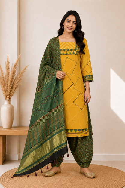 Ajrakh Modal Silk Natural Dye Hand Block Print Dress Material with Golden Border Dupatta - with Tassels - 2.5 Mt Top    -  SKU : AI27A03L