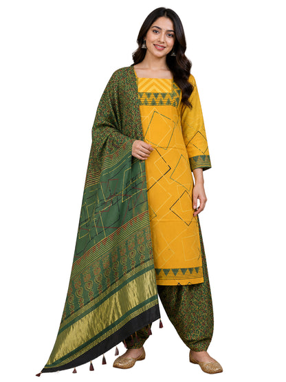 Ajrakh Modal Silk Natural Dye Hand Block Print Dress Material with Golden Border Dupatta - with Tassels - 2.5 Mt Top    -  SKU : AI27A03L