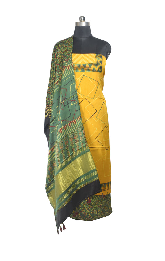 Ajrakh Modal Silk Natural Dye Hand Block Print Dress Material with Golden Border Dupatta - with Tassels - 2.5 Mt Top    -  SKU : AI27A03L