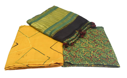Ajrakh Modal Silk Natural Dye Hand Block Print Dress Material with Golden Border Dupatta - with Tassels - 2.5 Mt Top    -  SKU : AI27A03L