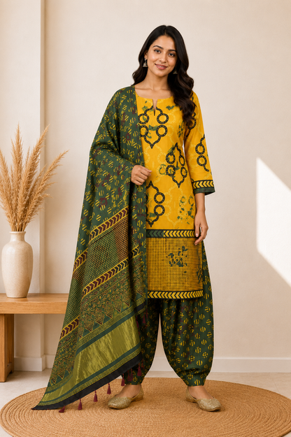 Ajrakh Modal Silk Natural Dye Hand Block Print Dress Material with Golden Border Dupatta - with Tassels - 2.5 Mt Top    -  SKU : AI27A03P