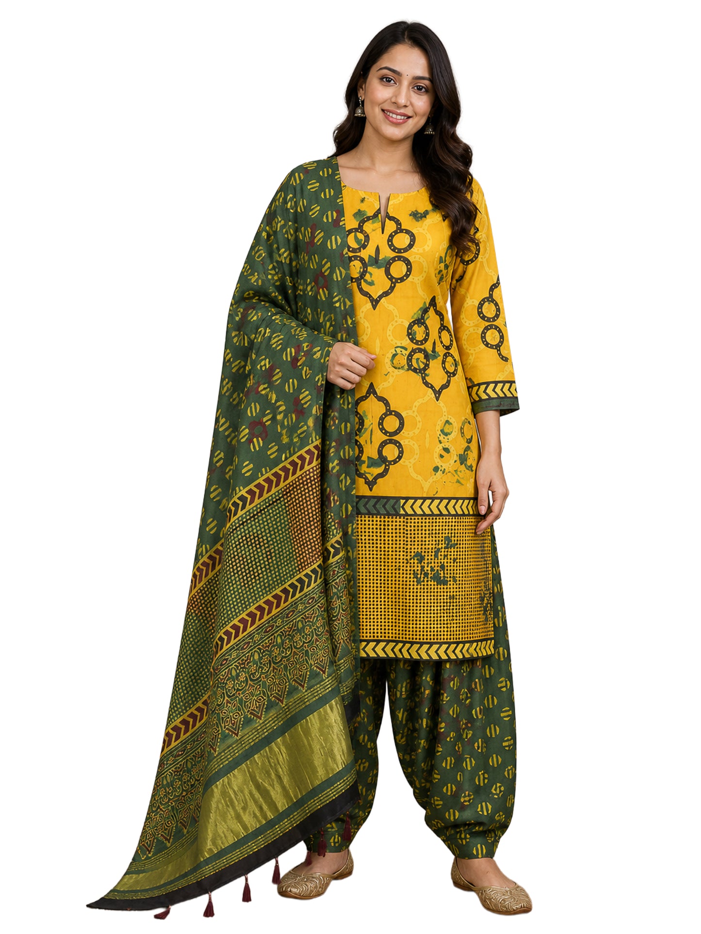 Ajrakh Modal Silk Natural Dye Hand Block Print Dress Material with Golden Border Dupatta - with Tassels - 2.5 Mt Top    -  SKU : AI27A03P