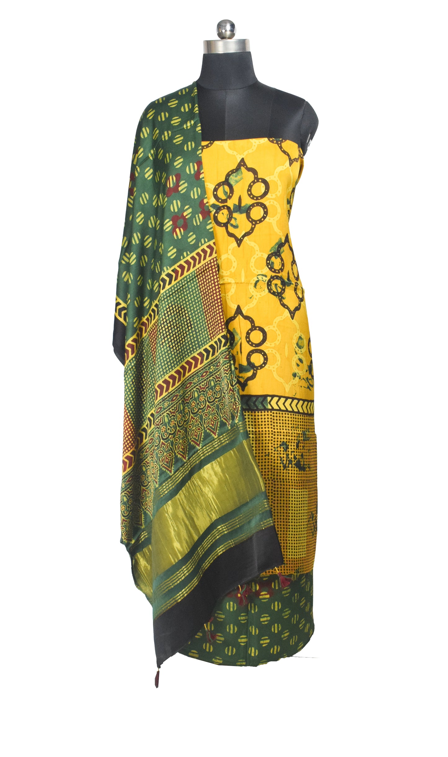 Ajrakh Modal Silk Natural Dye Hand Block Print Dress Material with Golden Border Dupatta - with Tassels - 2.5 Mt Top    -  SKU : AI27A03P