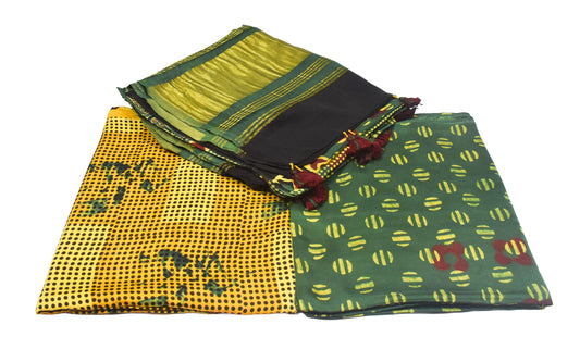 Ajrakh Modal Silk Natural Dye Hand Block Print Dress Material with Golden Border Dupatta - with Tassels - 2.5 Mt Top    -  SKU : AI27A03P