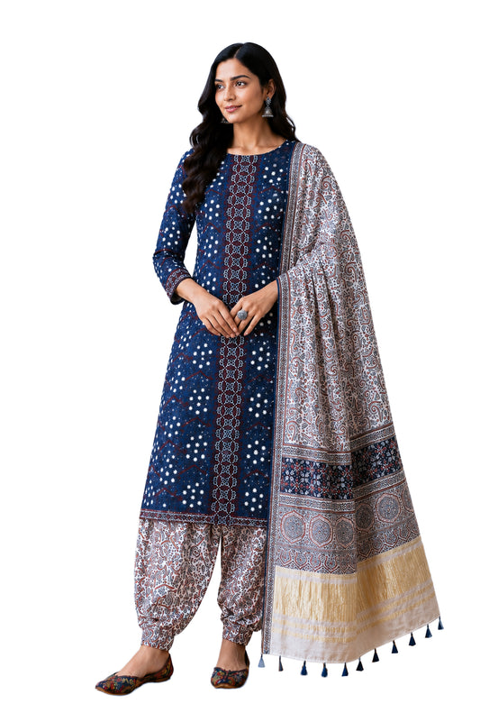 Ajrakh Modal Silk Natural Dye Hand Block Print Dress Material with Golden Border Dupatta - with Tassels - 2.5 Mt Top   -  SKU : AI02501B