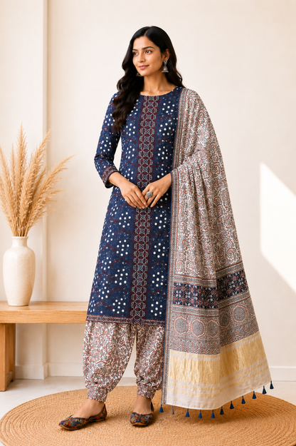 Ajrakh Modal Silk Natural Dye Hand Block Print Dress Material with Golden Border Dupatta - with Tassels - 2.5 Mt Top   -  SKU : AI02501B