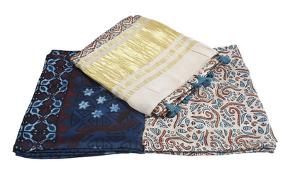 Ajrakh Modal Silk Natural Dye Hand Block Print Dress Material with Golden Border Dupatta - with Tassels - 2.5 Mt Top   -  SKU : AI02501B