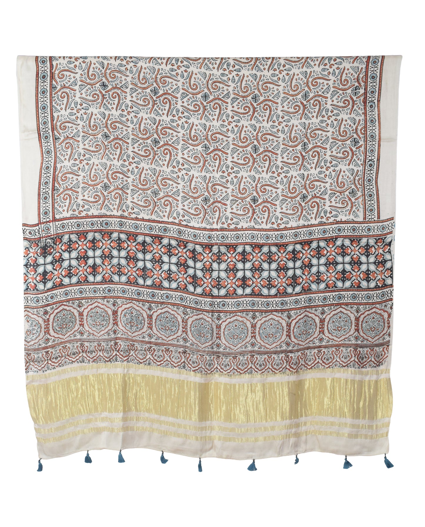 Ajrakh Modal Silk Natural Dye Hand Block Print Dress Material with Golden Border Dupatta - with Tassels - 2.5 Mt Top   -  SKU : AI02501B