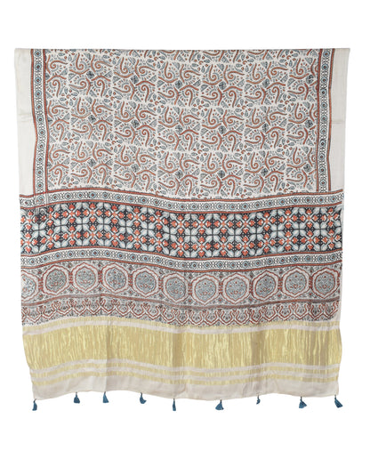Ajrakh Modal Silk Natural Dye Hand Block Print Dress Material with Golden Border Dupatta - with Tassels - 2.5 Mt Top   -  SKU : AI02501B