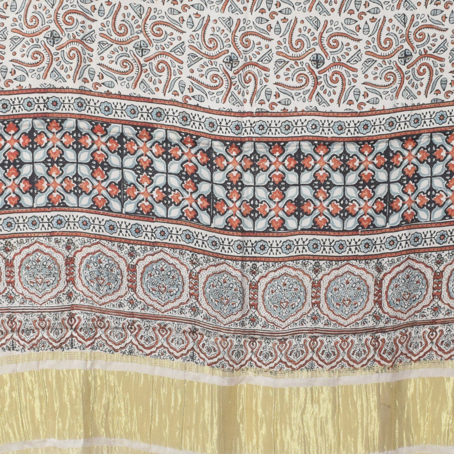 Ajrakh Modal Silk Natural Dye Hand Block Print Dress Material with Golden Border Dupatta - with Tassels - 2.5 Mt Top   -  SKU : AI02501B