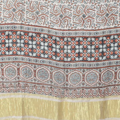 Ajrakh Modal Silk Natural Dye Hand Block Print Dress Material with Golden Border Dupatta - with Tassels - 2.5 Mt Top   -  SKU : AI02501B