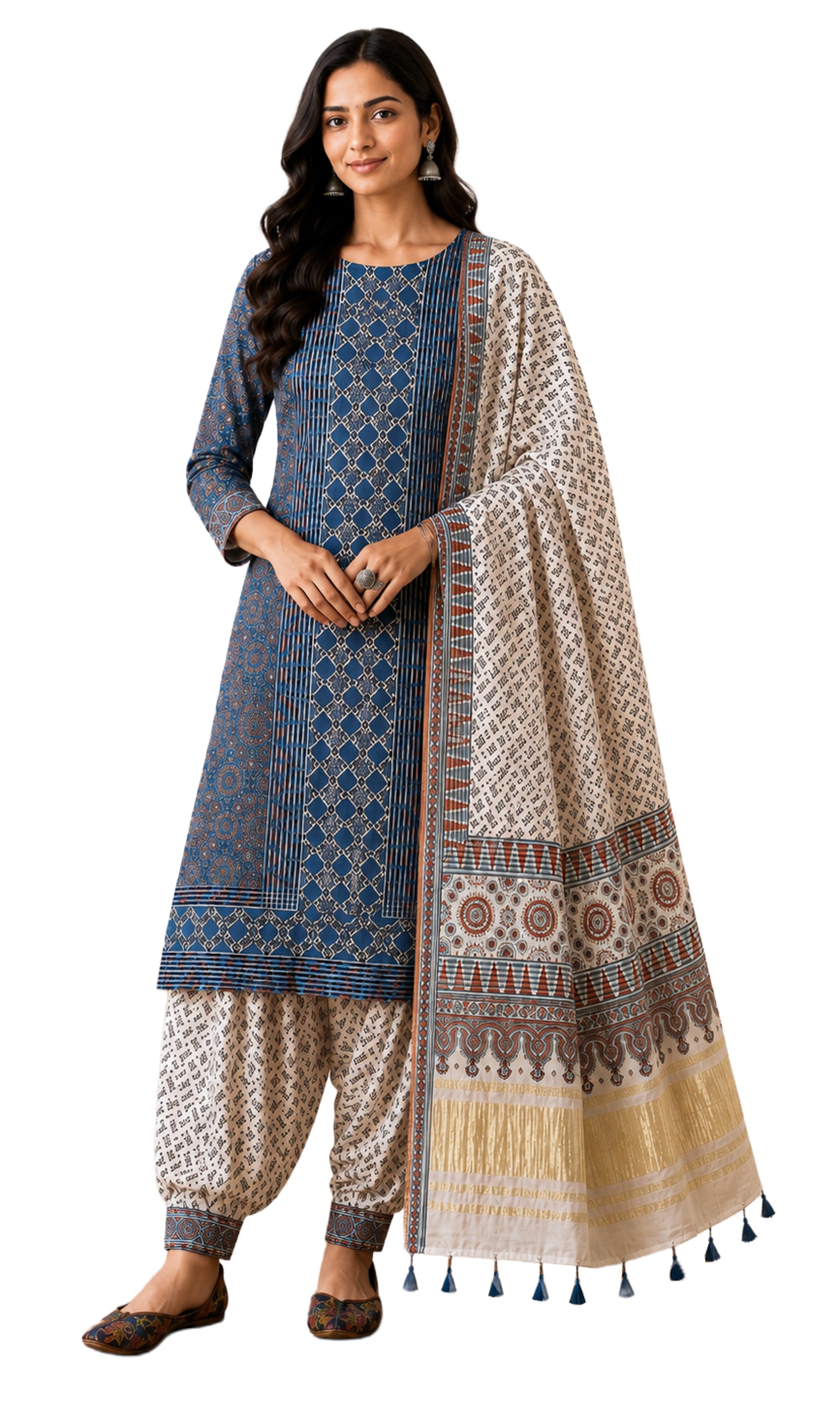 Ajrakh Modal Silk Natural Dye Hand Block Print Dress Material with Golden Border Dupatta - with Tassels - 2.5 Mt Top   -  SKU : AI02501G