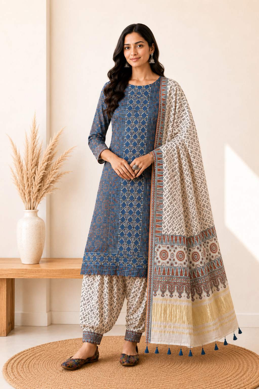 Ajrakh Modal Silk Natural Dye Hand Block Print Dress Material with Golden Border Dupatta - with Tassels - 2.5 Mt Top   -  SKU : AI02501G