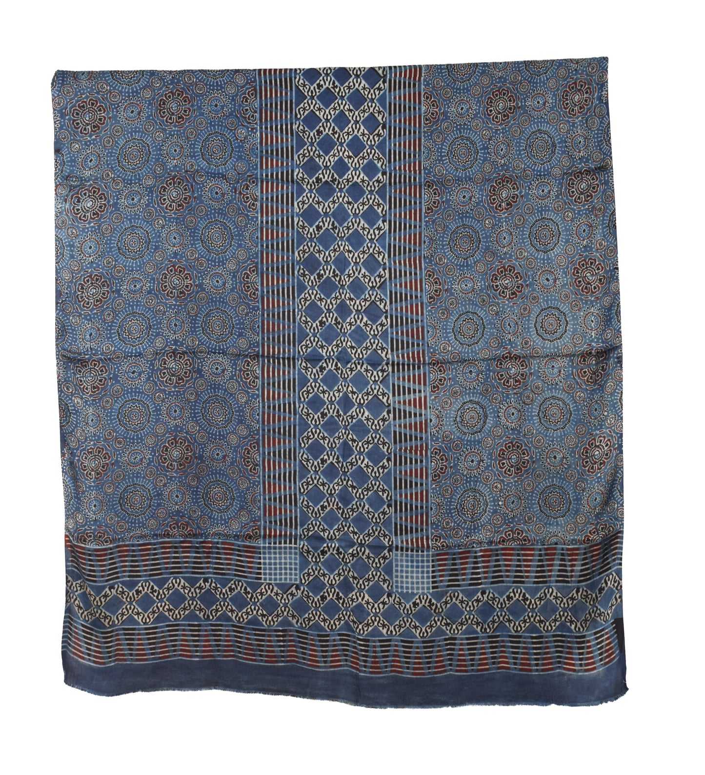 Ajrakh Modal Silk Natural Dye Hand Block Print Dress Material with Golden Border Dupatta - with Tassels - 2.5 Mt Top   -  SKU : AI02501G