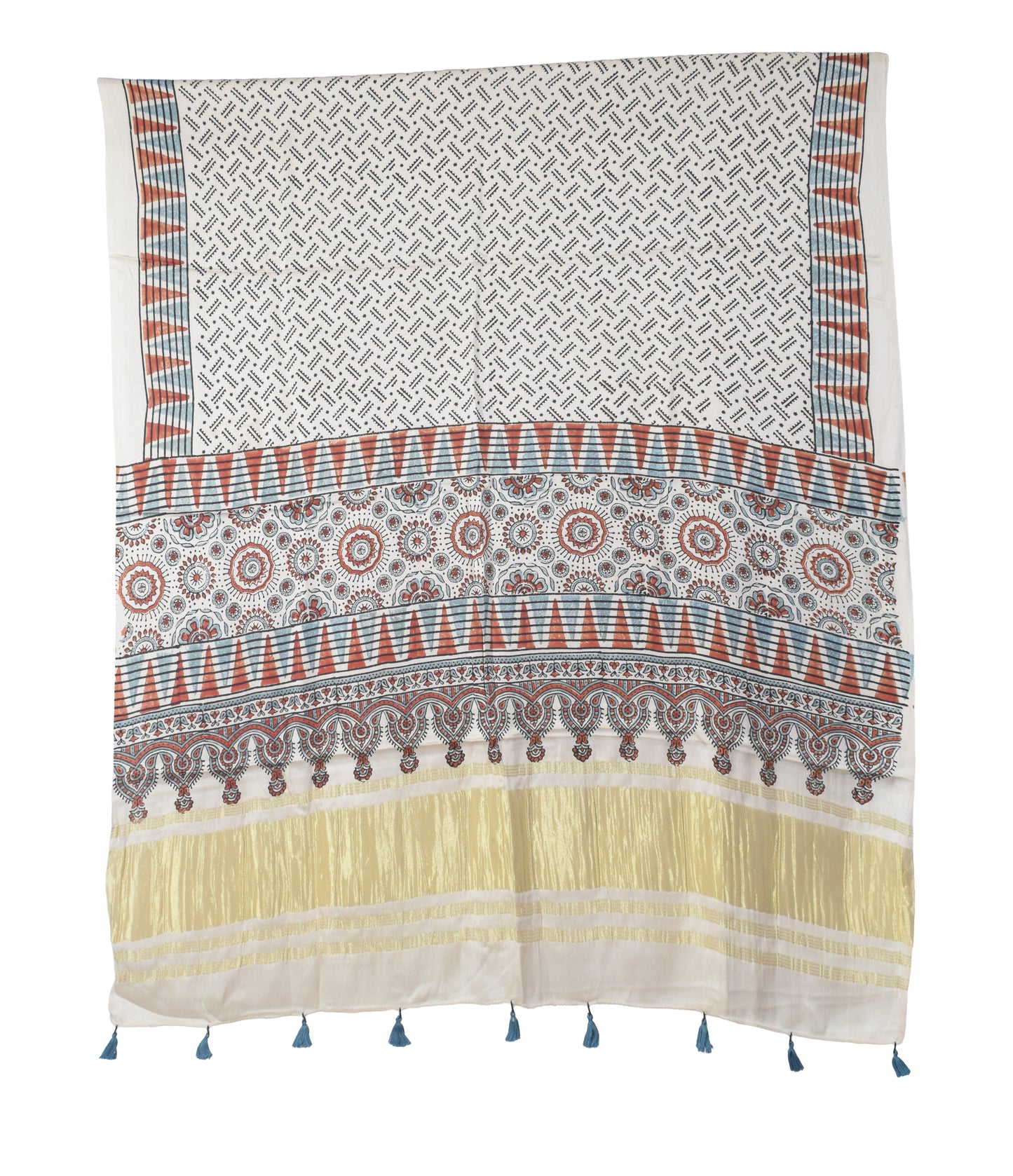 Ajrakh Modal Silk Natural Dye Hand Block Print Dress Material with Golden Border Dupatta - with Tassels - 2.5 Mt Top   -  SKU : AI02501G