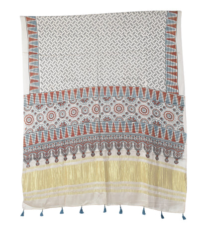 Ajrakh Modal Silk Natural Dye Hand Block Print Dress Material with Golden Border Dupatta - with Tassels - 2.5 Mt Top   -  SKU : AI02501G