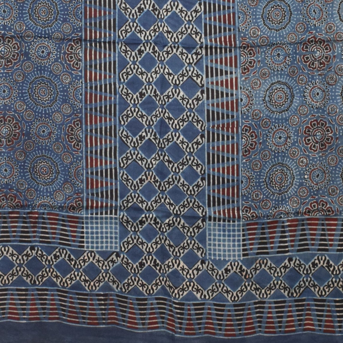 Ajrakh Modal Silk Natural Dye Hand Block Print Dress Material with Golden Border Dupatta - with Tassels - 2.5 Mt Top   -  SKU : AI02501G