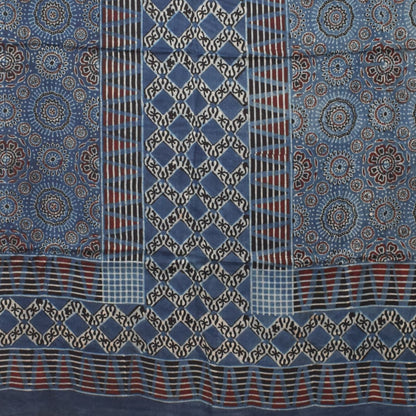 Ajrakh Modal Silk Natural Dye Hand Block Print Dress Material with Golden Border Dupatta - with Tassels - 2.5 Mt Top   -  SKU : AI02501G