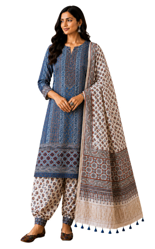 Ajrakh Modal Silk Natural Dye Hand Block Print Dress Material with Golden Border Dupatta - with Tassels - 2.5 Mt Top   -  SKU : AI02501L