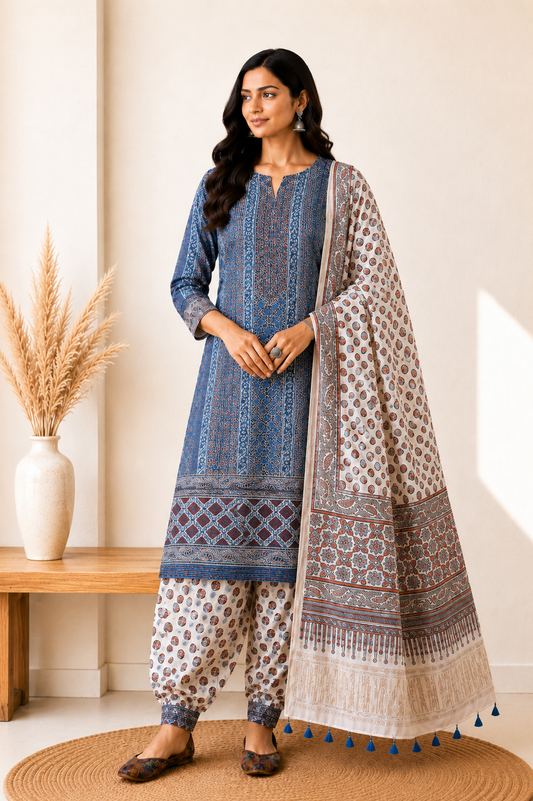 Ajrakh Modal Silk Natural Dye Hand Block Print Dress Material with Golden Border Dupatta - with Tassels - 2.5 Mt Top   -  SKU : AI02501L