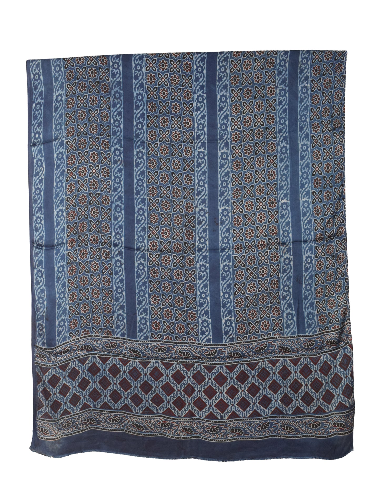 Ajrakh Modal Silk Natural Dye Hand Block Print Dress Material with Golden Border Dupatta - with Tassels - 2.5 Mt Top   -  SKU : AI02501L
