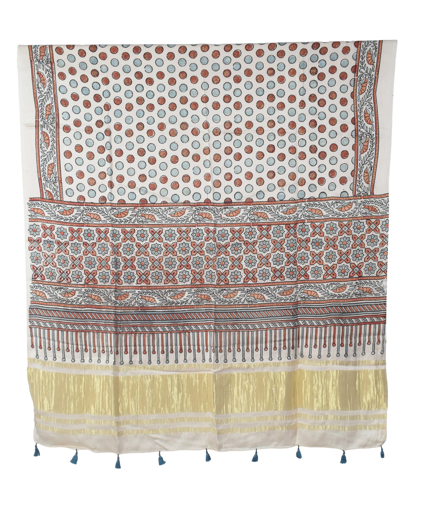 Ajrakh Modal Silk Natural Dye Hand Block Print Dress Material with Golden Border Dupatta - with Tassels - 2.5 Mt Top   -  SKU : AI02501L