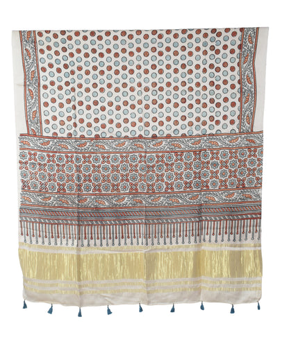 Ajrakh Modal Silk Natural Dye Hand Block Print Dress Material with Golden Border Dupatta - with Tassels - 2.5 Mt Top   -  SKU : AI02501L