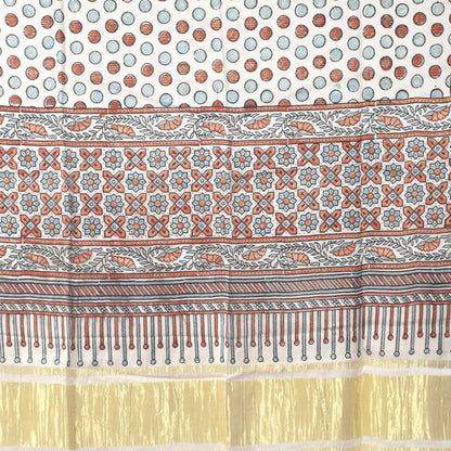 Ajrakh Modal Silk Natural Dye Hand Block Print Dress Material with Golden Border Dupatta - with Tassels - 2.5 Mt Top   -  SKU : AI02501L