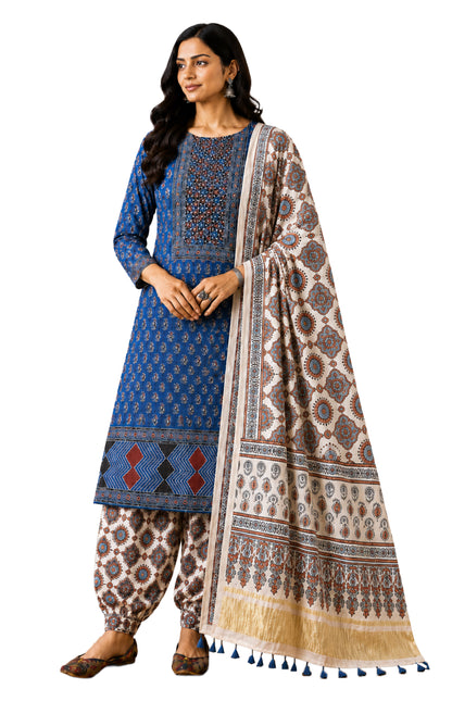 Ajrakh Modal Silk Natural Dye Hand Block Print Dress Material with Golden Border Dupatta - with Tassels - 2.5 Mt Top   -  SKU : AI02501Q