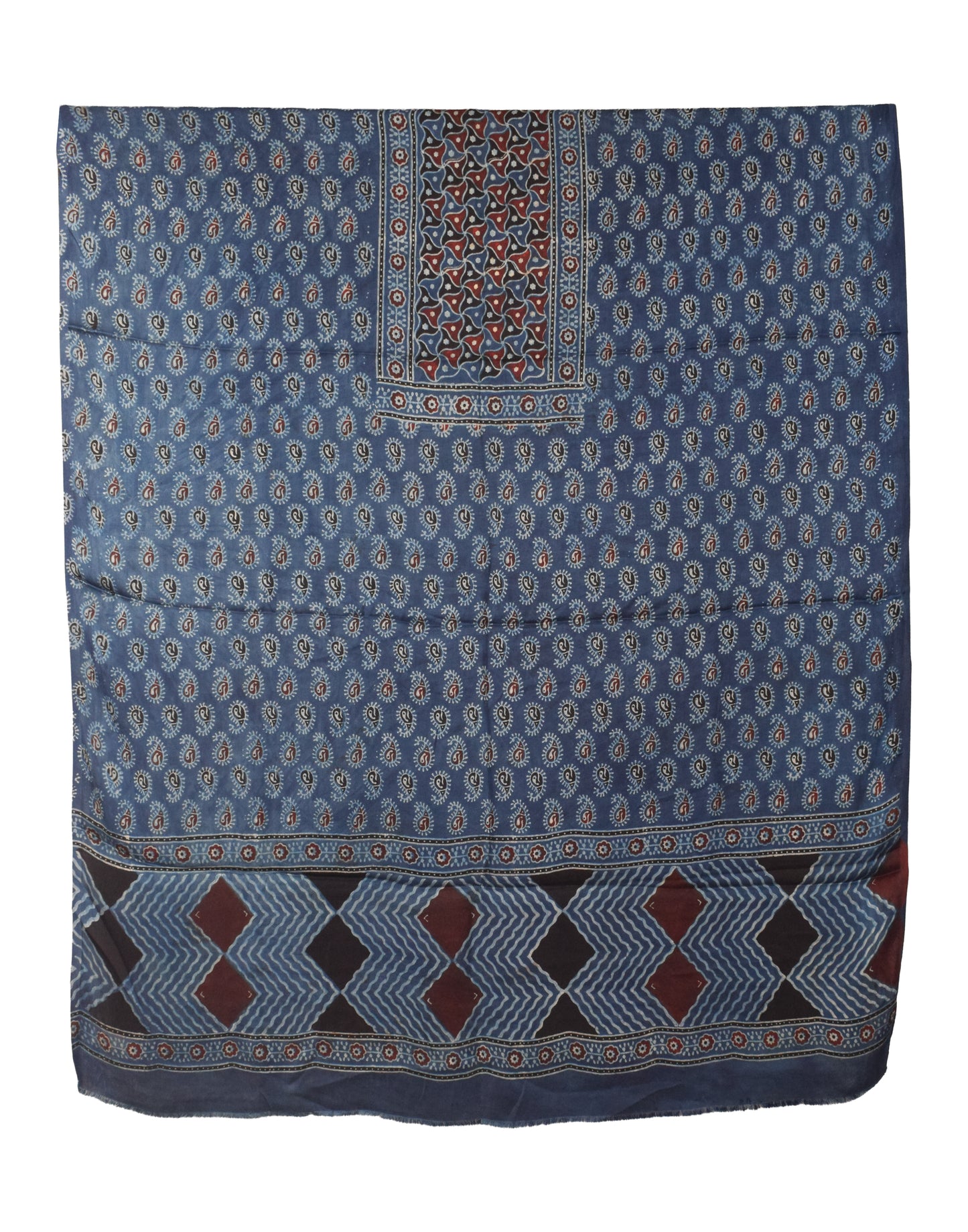 Ajrakh Modal Silk Natural Dye Hand Block Print Dress Material with Golden Border Dupatta - with Tassels - 2.5 Mt Top   -  SKU : AI02501Q