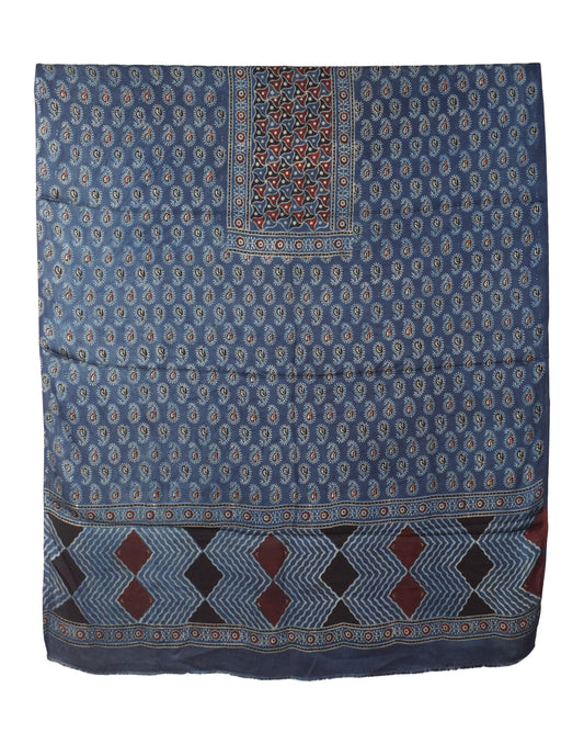Ajrakh Modal Silk Natural Dye Hand Block Print Dress Material with Golden Border Dupatta - with Tassels - 2.5 Mt Top   -  SKU : AI02501Q
