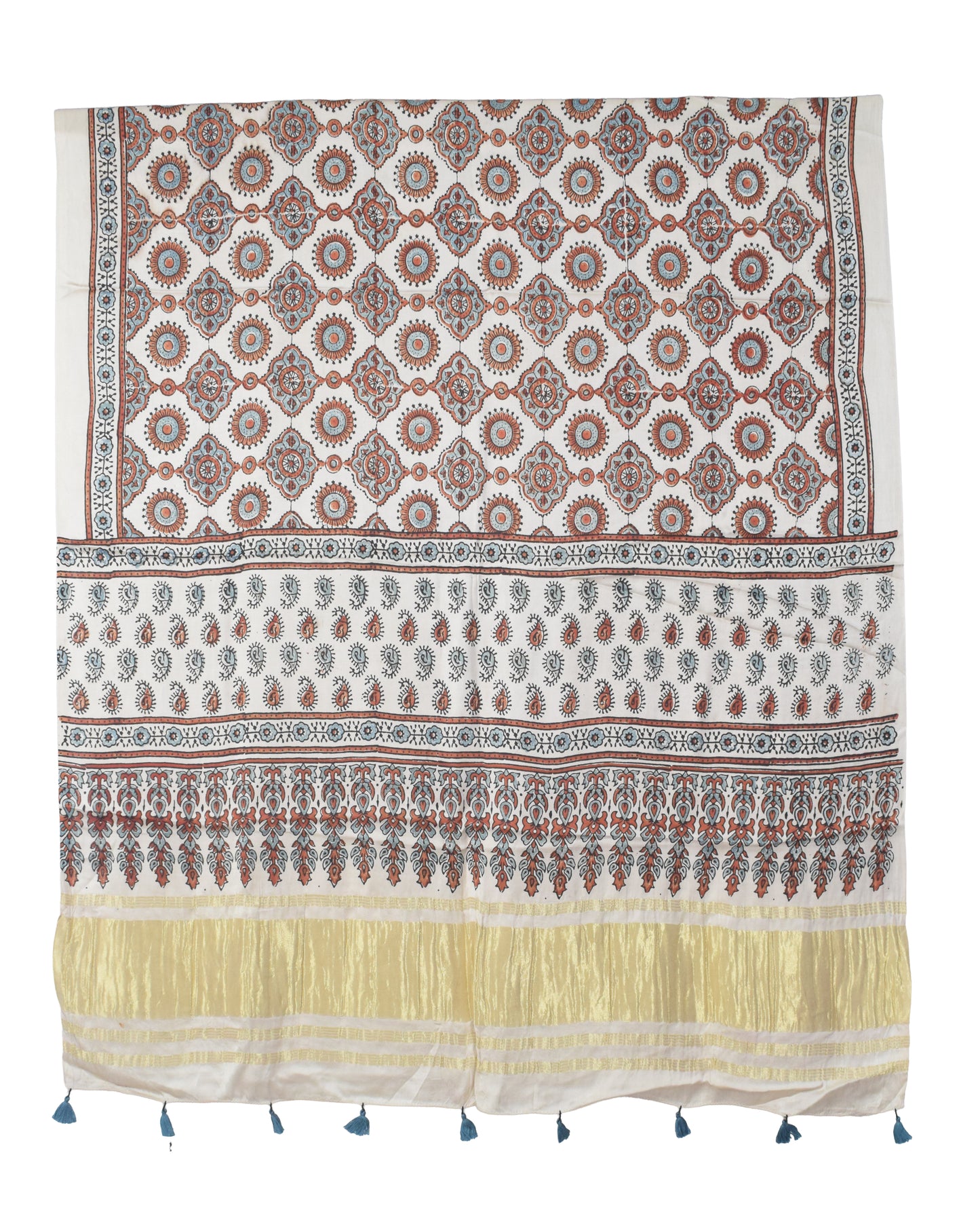 Ajrakh Modal Silk Natural Dye Hand Block Print Dress Material with Golden Border Dupatta - with Tassels - 2.5 Mt Top   -  SKU : AI02501Q