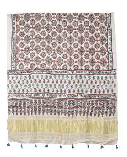 Ajrakh Modal Silk Natural Dye Hand Block Print Dress Material with Golden Border Dupatta - with Tassels - 2.5 Mt Top   -  SKU : AI02501Q