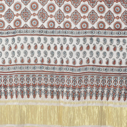 Ajrakh Modal Silk Natural Dye Hand Block Print Dress Material with Golden Border Dupatta - with Tassels - 2.5 Mt Top   -  SKU : AI02501Q